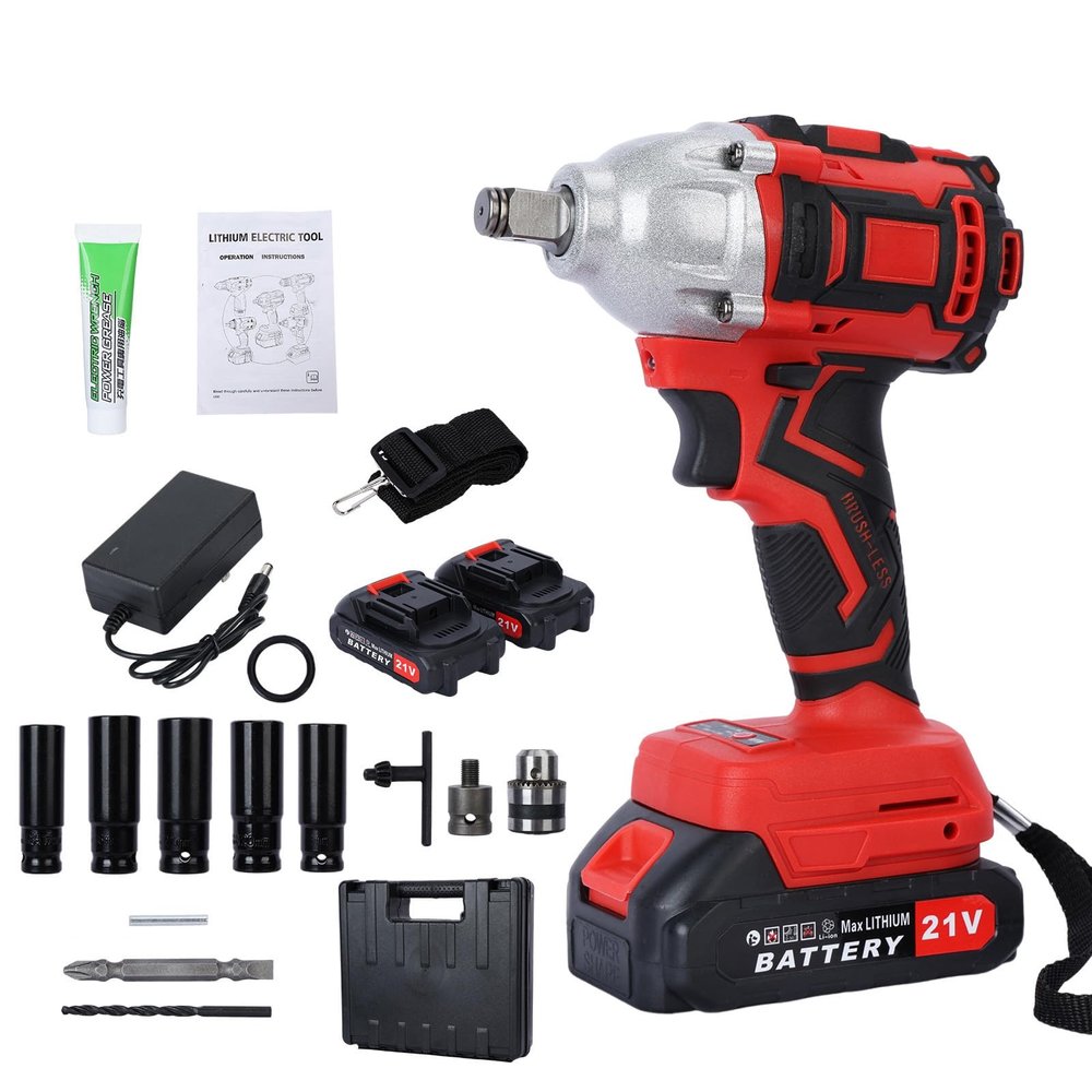 Cordless Wrench 520Nm High Torque Electric Power Tool with Brushless Motor 2 Batteries 12 Inch Chuck Set Including 5 Sockets Adapters for Automotive Repairs Red