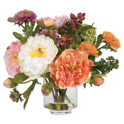 Nearly Natural Mini Artificial Peony Floral Arrangement, Faux Flowers for Table Shelf Decor, Assorted Colors