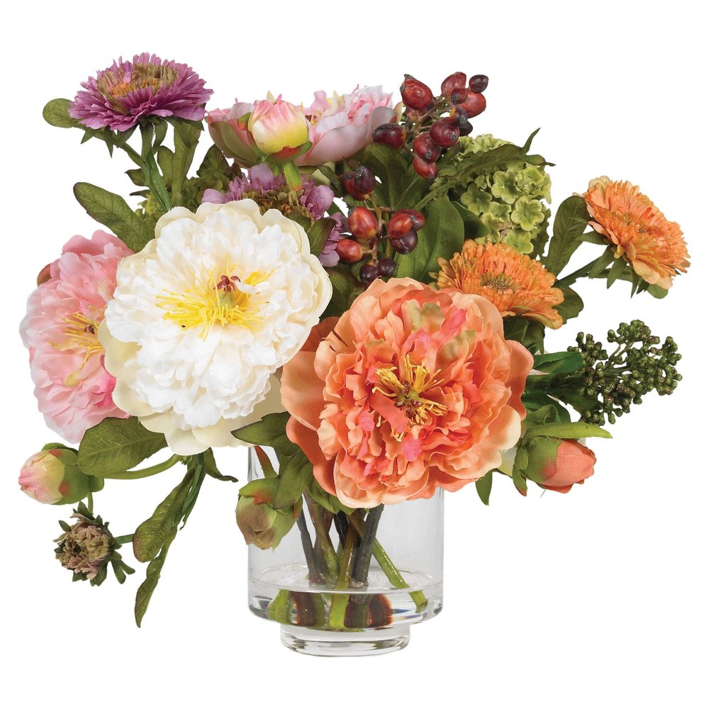 Nearly Natural Mini Artificial Peony Floral Arrangement, Faux Flowers for Table Shelf Decor, Assorted Colors