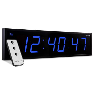 Ivation Oversized Large Digital Wall Clock - Big LED Digital Clock w/Large Display, Shelf or Wall Mount (24 Inch - Blue) 6 Brightness Levels | Time Memory | Remote, Mounting Holes & Hardware