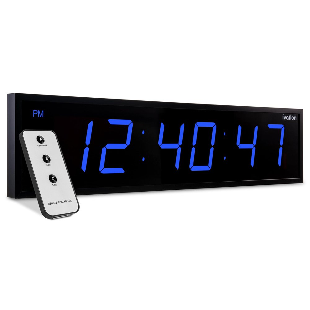 Ivation Oversized Large Digital Wall Clock - Big LED Digital Clock w/Large Display, Shelf or Wall Mount (24 Inch - Blue) 6 Brightness Levels | Time Memory | Remote, Mounting Holes & Hardware