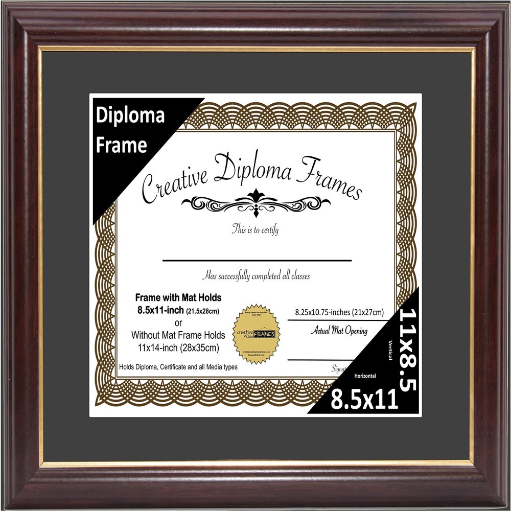 Creative Picture Frames 8.5x11-11x14mh.gold Mahogany Diploma Frame with Gold Rim and Black Matting To Hold 8.5 by 11-inch Graduation Certificate with Easel and installed Hangers