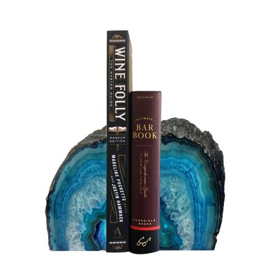 AMOYSTONE Teal Agate Geode Bookends, Unique Natural Crystal Book Holder 2-3 LBS with Rubber Bumpers, Sujetalibros for Small Books and Kitchen Cookbooks, Stylish and Functional