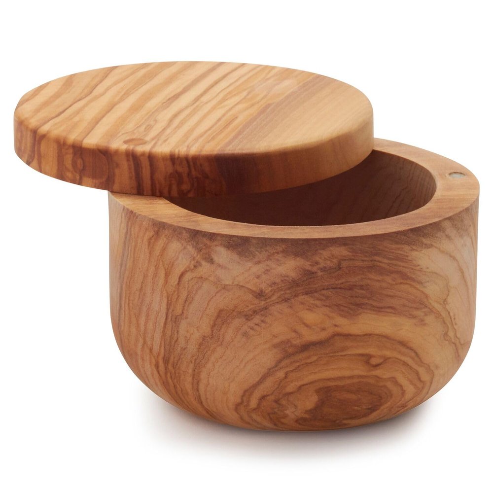 Sur La Table Olivewood Salt Keeper  4" x 3" Wooden Salt Storage with Pivoting Lid & Magnetic Closure