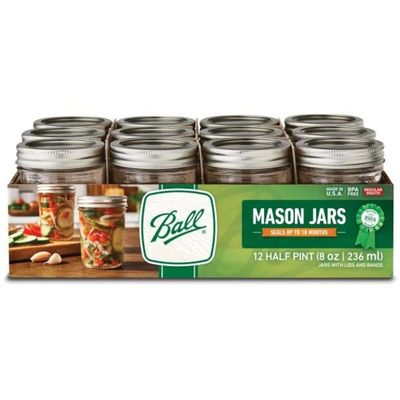 Ball Glass Mason Jar with Lids and Bands, Regular Mouth, Half Pint Size, 8 OZ (12 Pack)