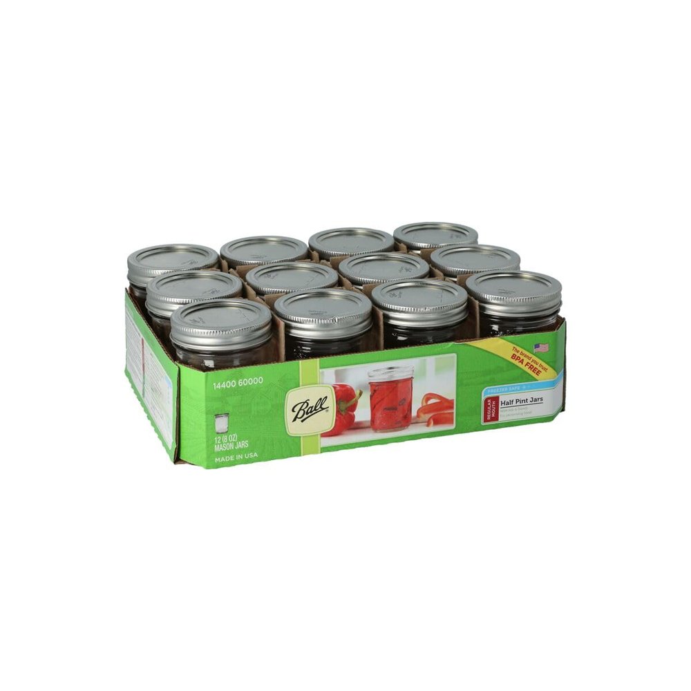 Ball Half Pint (8 oz.) Regular Mouth Glass Mason Jars w/ Cap - Set of 12 AEP