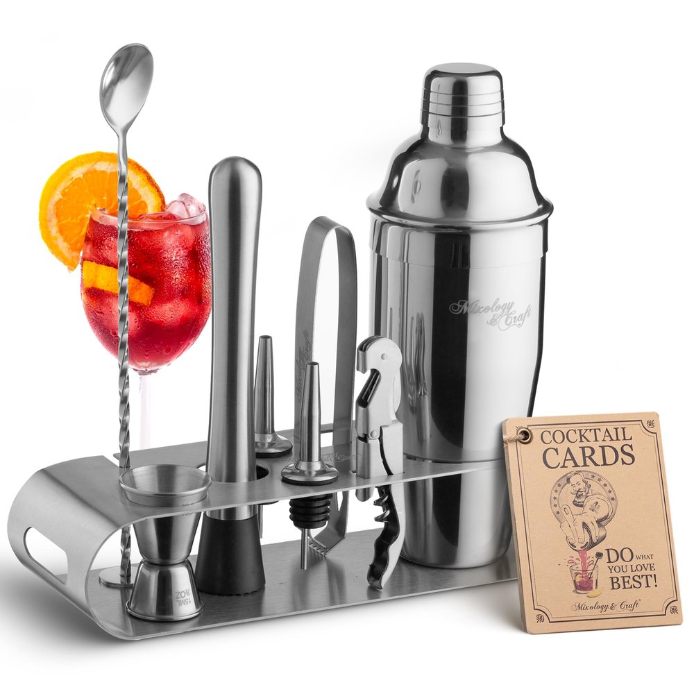 Mixology & Craft Cocktail Shaker Set with Stainless Steel Stand - 9-Piece Bartender Kit with Recipe Cards - Cocktail Mixer & Barware Tool Set