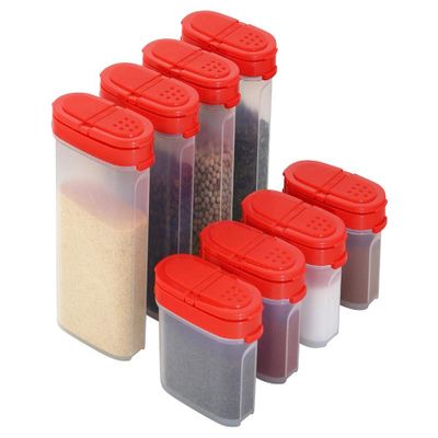SIGNORA WARE Spice Jars with Lids -8 and 4 oz Refillable Empty Airtight Spice/Seasoning Containers Set -2 in 1 Pour/Sift Shaker Lids Clear Plastic Spice/Seasoning Organizer Kitchen/Travel 8 pk.Red