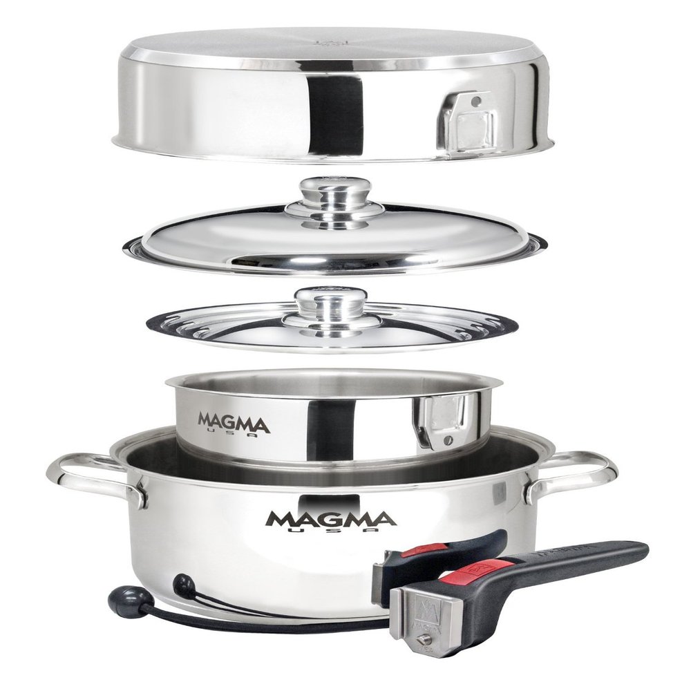 Magma 7 Piece Gourmet Nesting Stainless Steel Cookware Set, Induction Compatible, Oven Safe to 500F - Suitable for All Stovetops, Removable Handles, Black