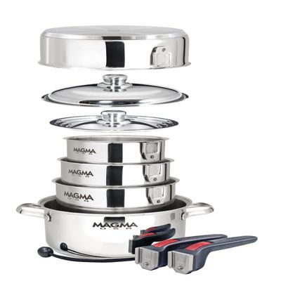 Magma 10 Piece Gourmet Nesting Stainless Steel Cookware Set, Induction Compatible, Oven Safe to 500F - Suitable for All Stovetops, Removable Handles, Silver