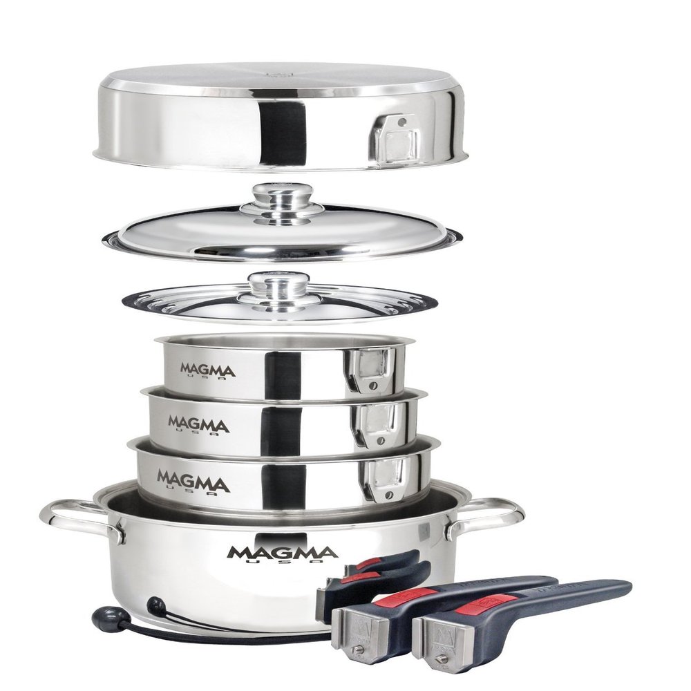 Magma 10 Piece Gourmet Nesting Stainless Steel Cookware Set, Induction Compatible, Oven Safe to 500F - Suitable for All Stovetops, Removable Handles, Silver