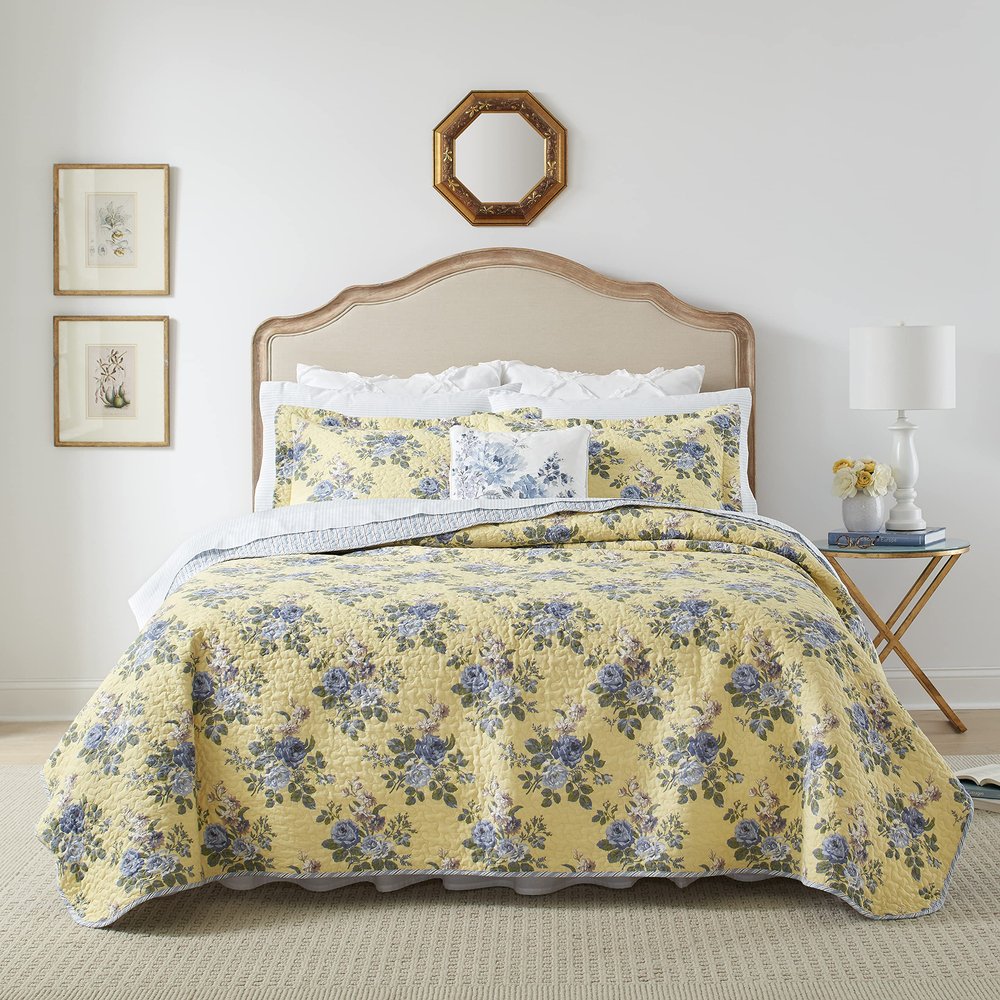 Laura Ashley - King Quilt Set, Reversible Cotton Bedding with Matching Shams, Lightweight Home Decor for All Seasons (Linley Yellow, King)