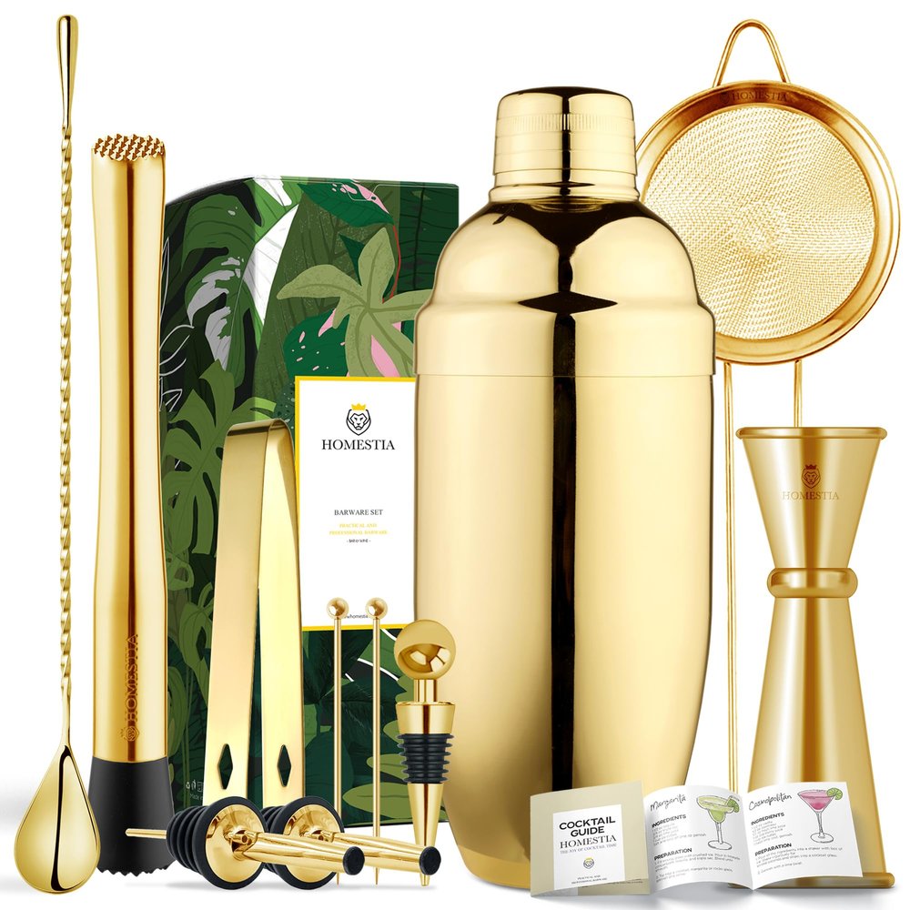 Homestia Gold Bartender Kit - Stainless Steel Cocktail Shaker Bar Set - Mixology Bar Tools with Drink Shaker, Mixer Spoon and Muddler for Cocktails - Home Bar Accessories - 11 Pcs Gift Idea