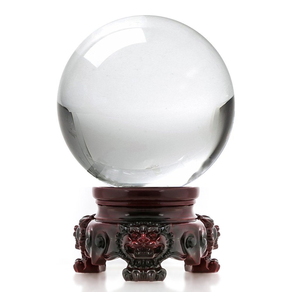 Amlong Crystal 3 inch (80mm) Clear Crystal Ball with Redwood Lion Resin Stand and Gift Box for Decorative Ball, Lensball Photography, Gazing Divination or Feng Shui, and Fortune Telling Ball
