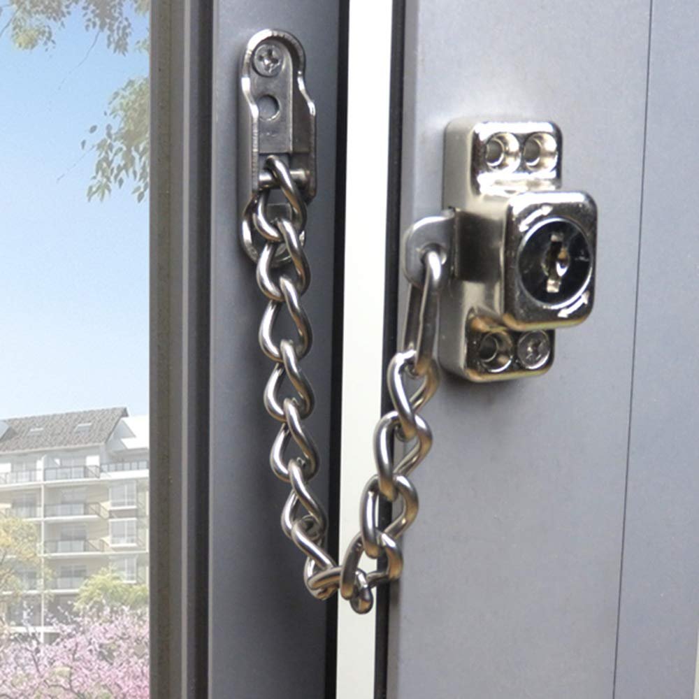 Stainless Steel Window Chain Lock Guard Door Restrictor Child Safety Security Chain Lock for Flat Open Windows Anti Theft Home Hardware Opening Restrictor Lock with Key