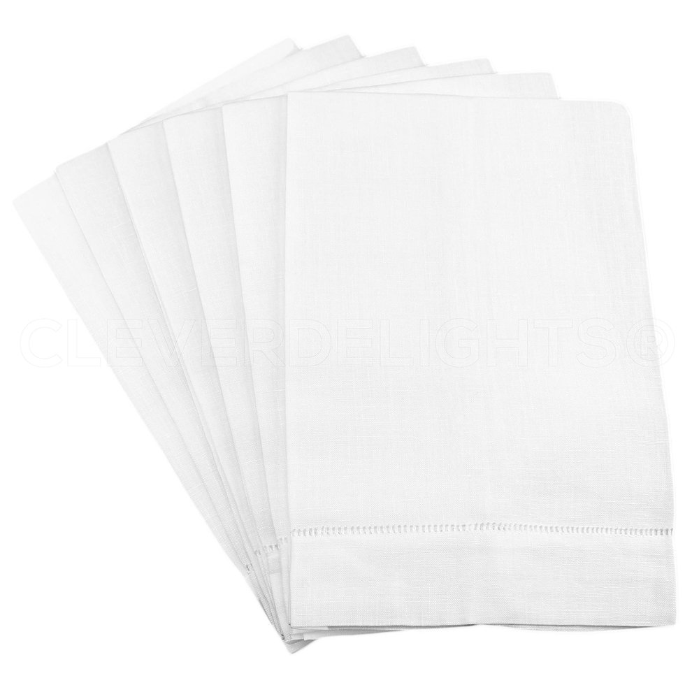 CleverDelights White Hemstitched Hand Towels - 6 Pack - 14" x 22" - 100% Cotton - Fingertip Towel