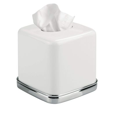 iDesign York Facial Tissue Box Cover, Vintage Holder for Bathroom Vanity Countertops, 5.75" x 5.75" x 5.5", Chrome and White