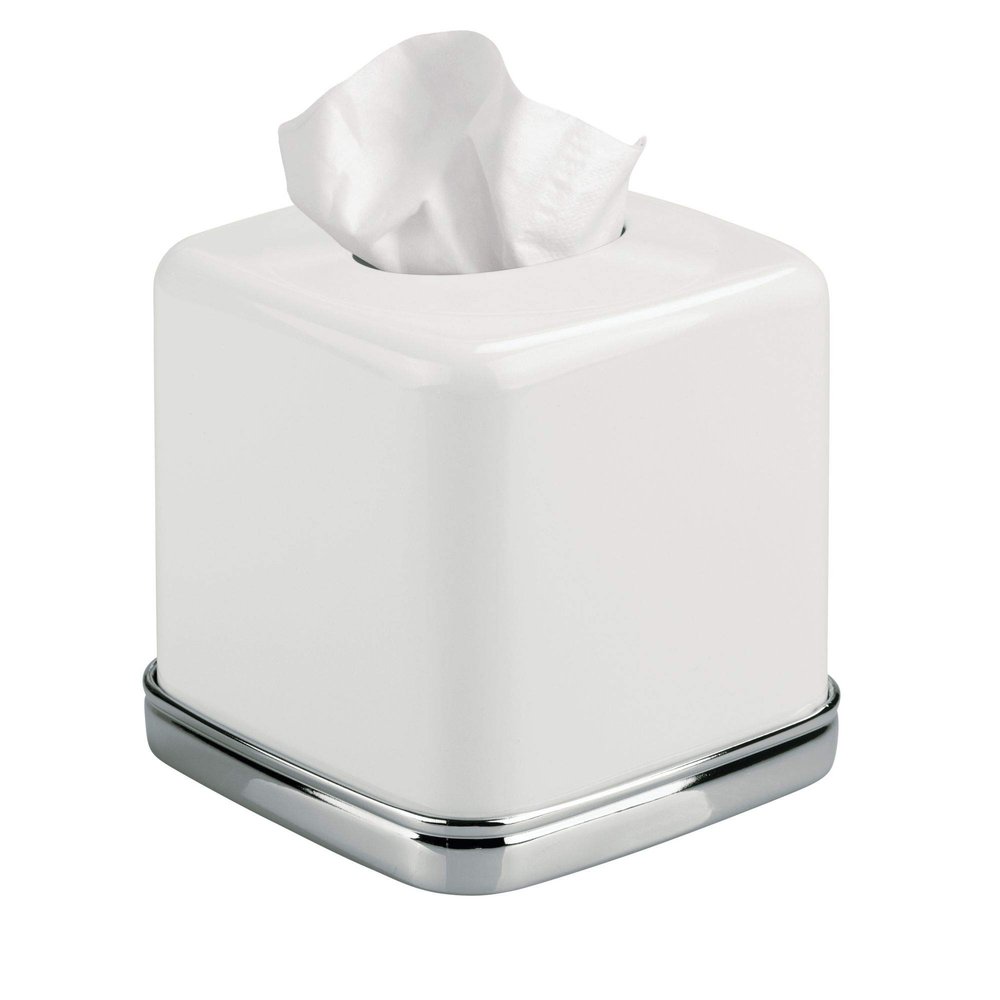 iDesign York Facial Tissue Box Cover, Vintage Holder for Bathroom Vanity Countertops, 5.75" x 5.75" x 5.5", Chrome and White
