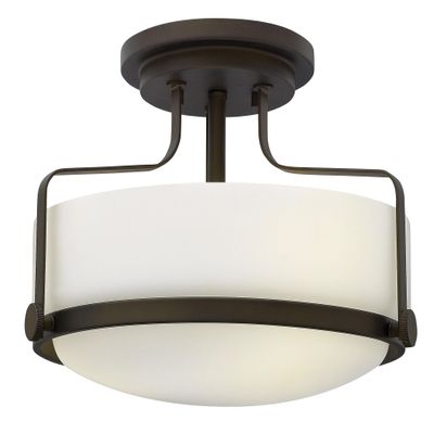 Hinkley Harper 3641OZ Medium Semi-Flush Mount Ceiling Light - Sleek, Retro Style - Oil Rubbed Bronze + Etched Opal Glass