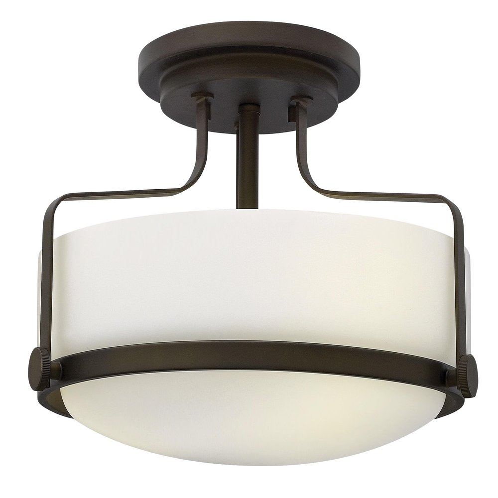Hinkley Harper 3641OZ Medium Semi-Flush Mount Ceiling Light - Sleek, Retro Style - Oil Rubbed Bronze + Etched Opal Glass