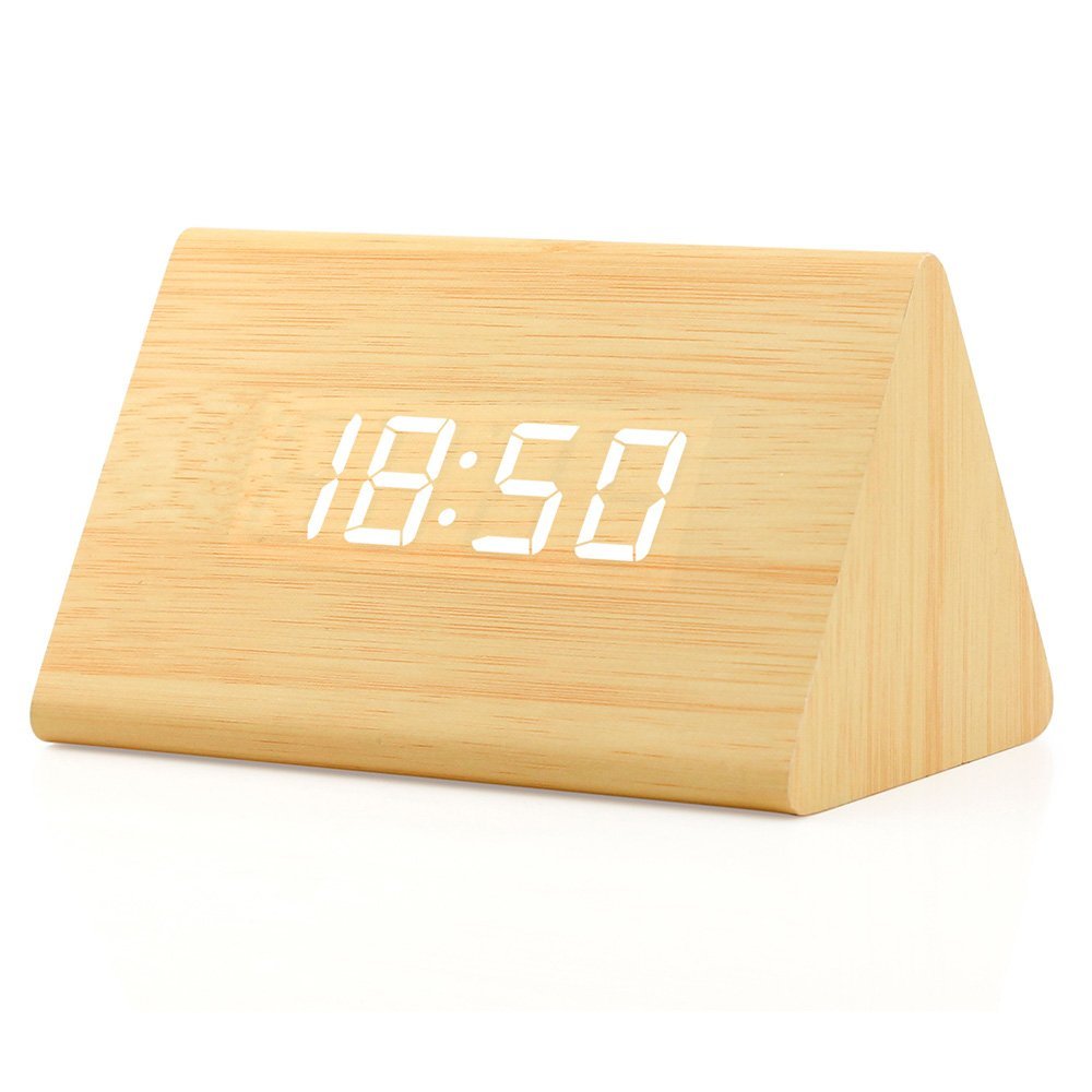 OCT17 Wooden Wood Clock, New Version LED Alarm Digital Desk Clock Adjustable Brightness, Alarm Time, Displays Time Date Temperature - Bamboo