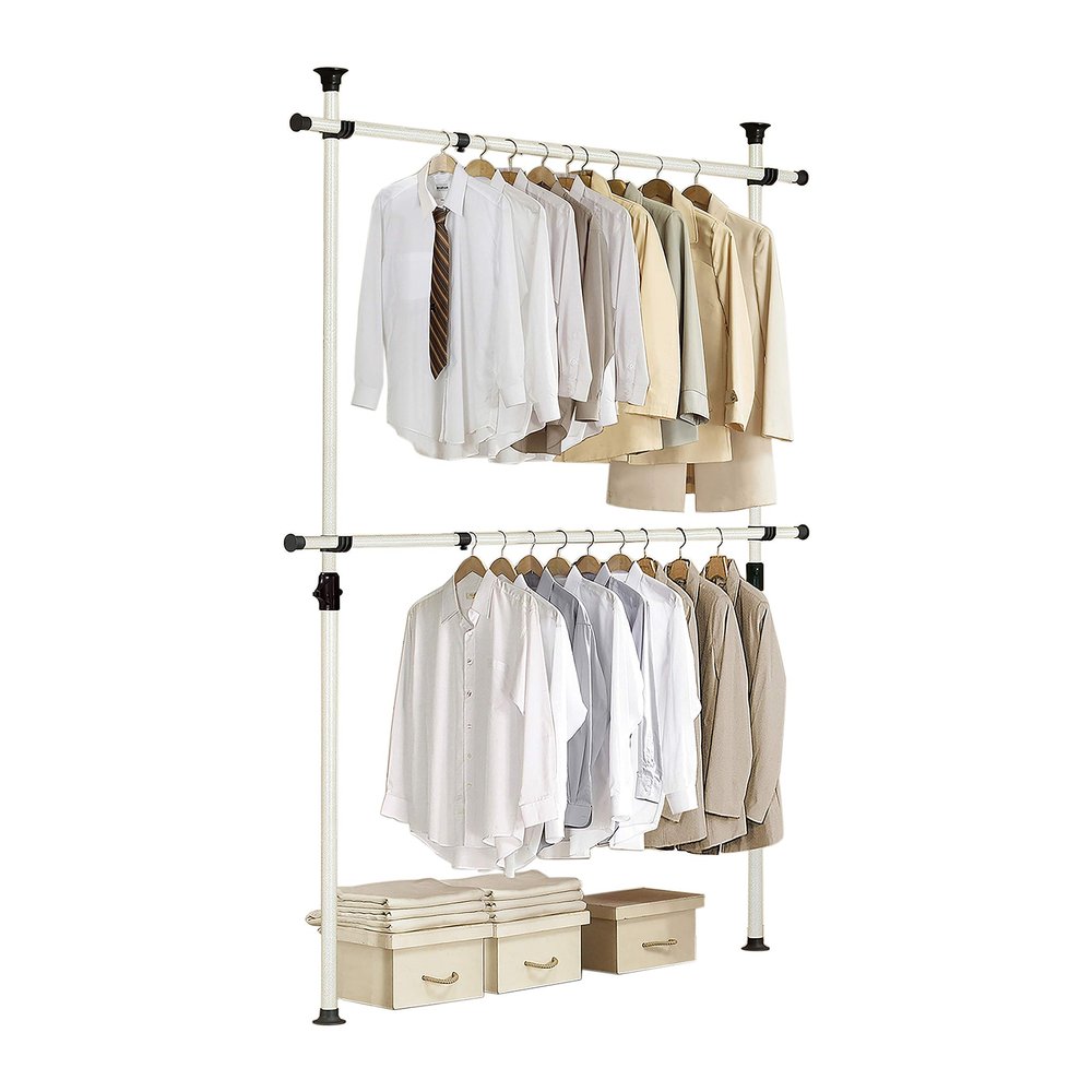 PRINCE HANGER Heavy Duty Adjustable Garment Rack One Touch System for Easy Assembly, 352 LBS Load Capacity, Freestanding Metal Wardrobe Closet Rack Ivory (Width Adjustable, PHUS-0023)