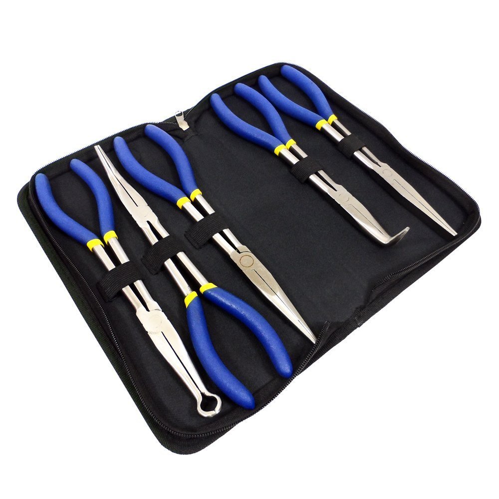 11 Long Needle Nose Pliers Set 5-Piece Plier Kit (Storage Bag Included)