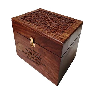 Adult Size Hard Wood Human Funeral Cremation Urn with Hand Engraved Flower Design and a Personalized Name Plate