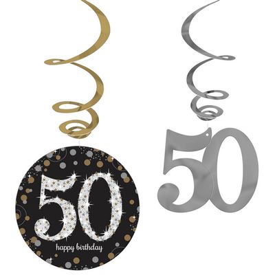 Amscan Sparkling Celebration 50 Foil Swirl Decorations Value Pack (7" & 5") - Pack of 12 - Elegant Black, Silver & Gold Design for Milestone Events