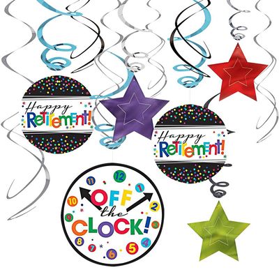 Officially Retired Multicolor Foil Swirl Hanging Decorations - 5" & 7" (Pack of 12) - Unique and Eye-Catching Design, Perfect for Unforgettable Retirement