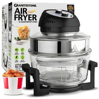 Big Boss 16Qt Large Glass Air Fryer Non Toxic  Family Sized Large Halogen Oven Cooker with 3 Cooking Sections, Stainless Steel Racks, French Fries, Chicken, No Preheat, Self Cleaning, Dishwasher Safe