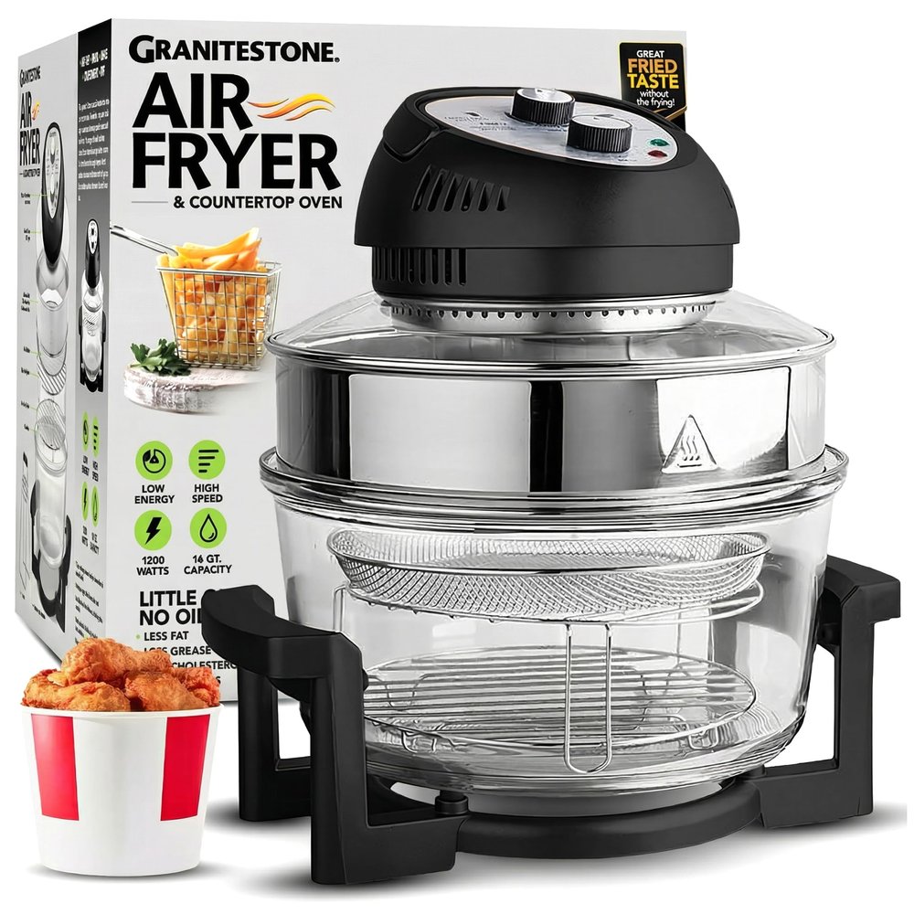 Big Boss 16Qt Large Glass Air Fryer Non Toxic  Family Sized Large Halogen Oven Cooker with 3 Cooking Sections, Stainless Steel Racks, French Fries, Chicken, No Preheat, Self Cleaning, Dishwasher Safe