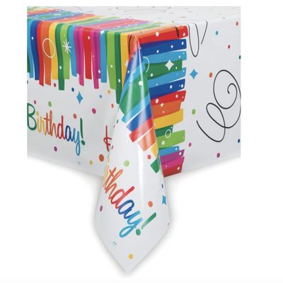 Multicolor Rainbow Ribbons Birthday Plastic Rectangular Table Cover (54" x 84"), Chic Design & Reusable - Perfect For Parties & Celebrations, Pack Of 1