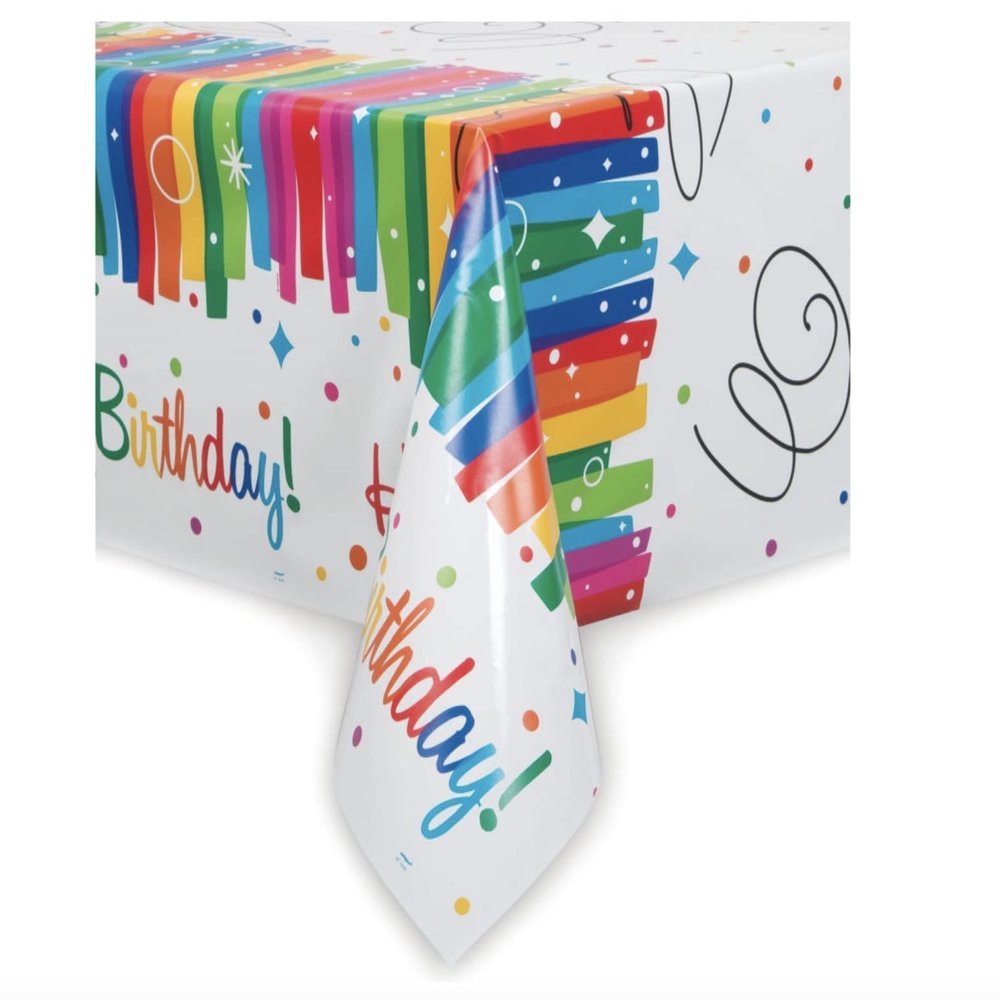 Multicolor Rainbow Ribbons Birthday Plastic Rectangular Table Cover (54" x 84"), Chic Design & Reusable - Perfect For Parties & Celebrations, Pack Of 1