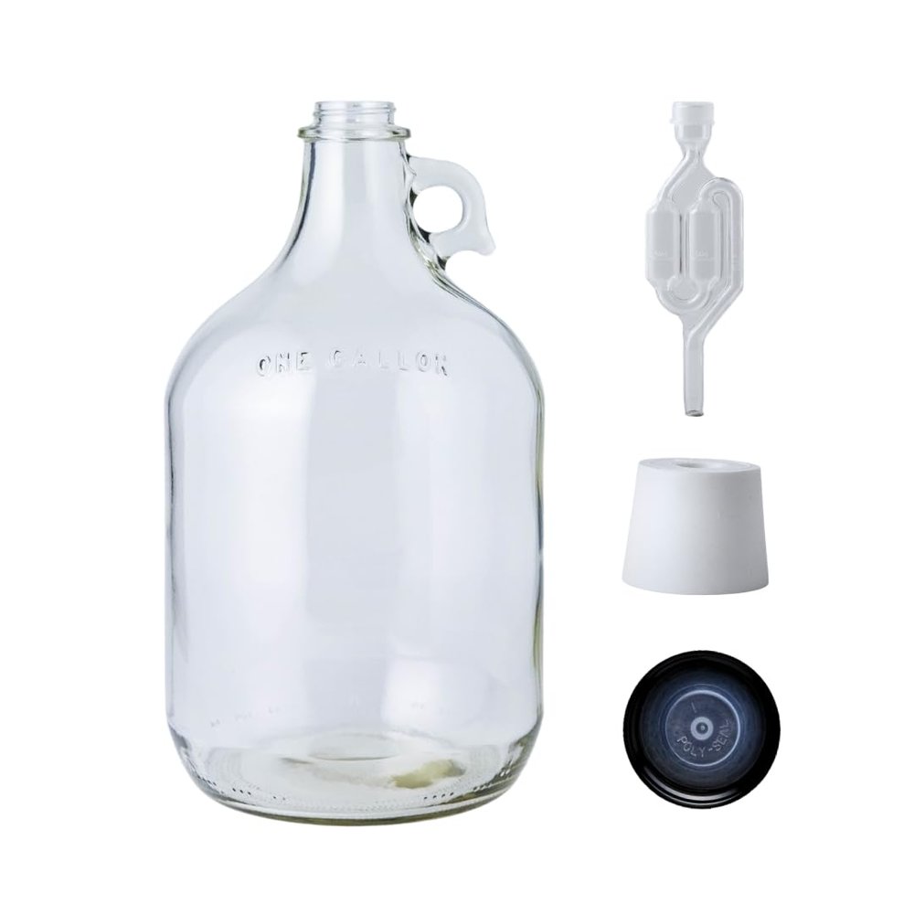 FastRack 1 gal Jug W/Twin bubble Airlock, Polyseal Lid, #6.5 Drilled Stopper