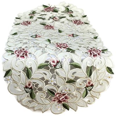 Doily Boutique Table Runner Embroidered with Light Pink Cutwork Roses, Size 44 x 15 inches