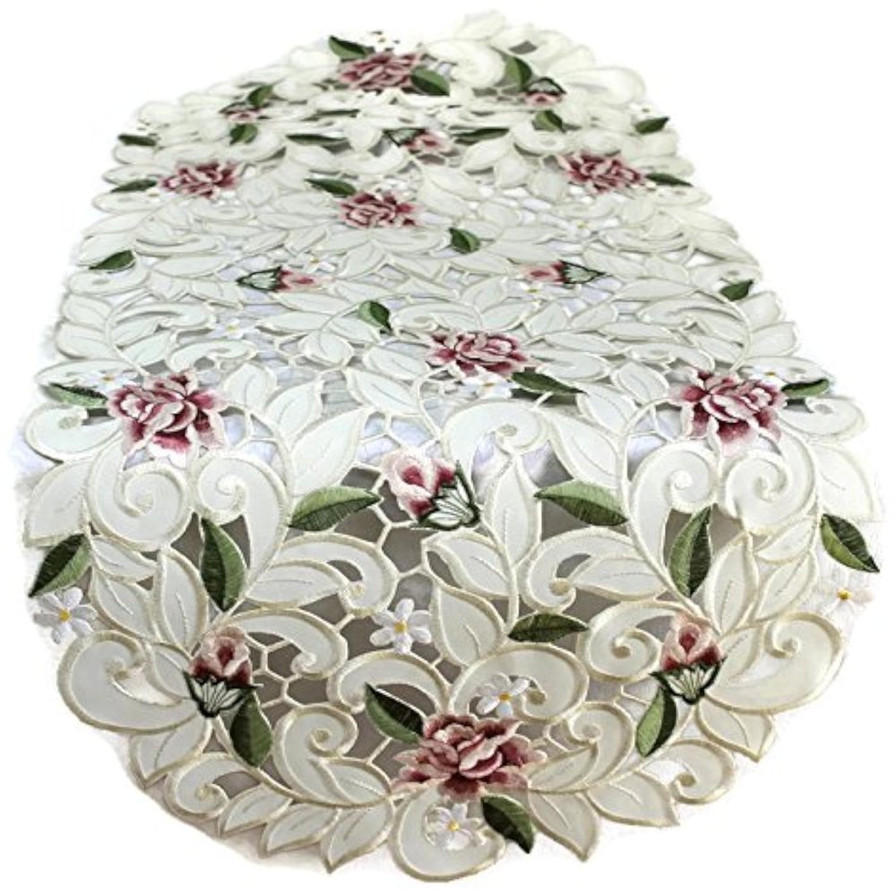 Doily Boutique Table Runner Embroidered with Light Pink Cutwork Roses, Size 44 x 15 inches