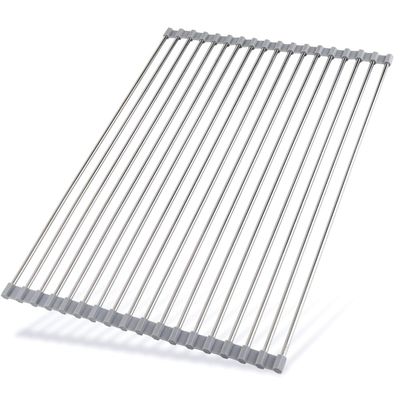 Hhyn Roll Up Dish Drying Rack 20.5"(L) x 13.8"(W) - Stainless Steel and Silicone Dish Drying Mat Over The Sink Foldable Drain Rack Multipurpose Dish Drainer Extra Large, Gray