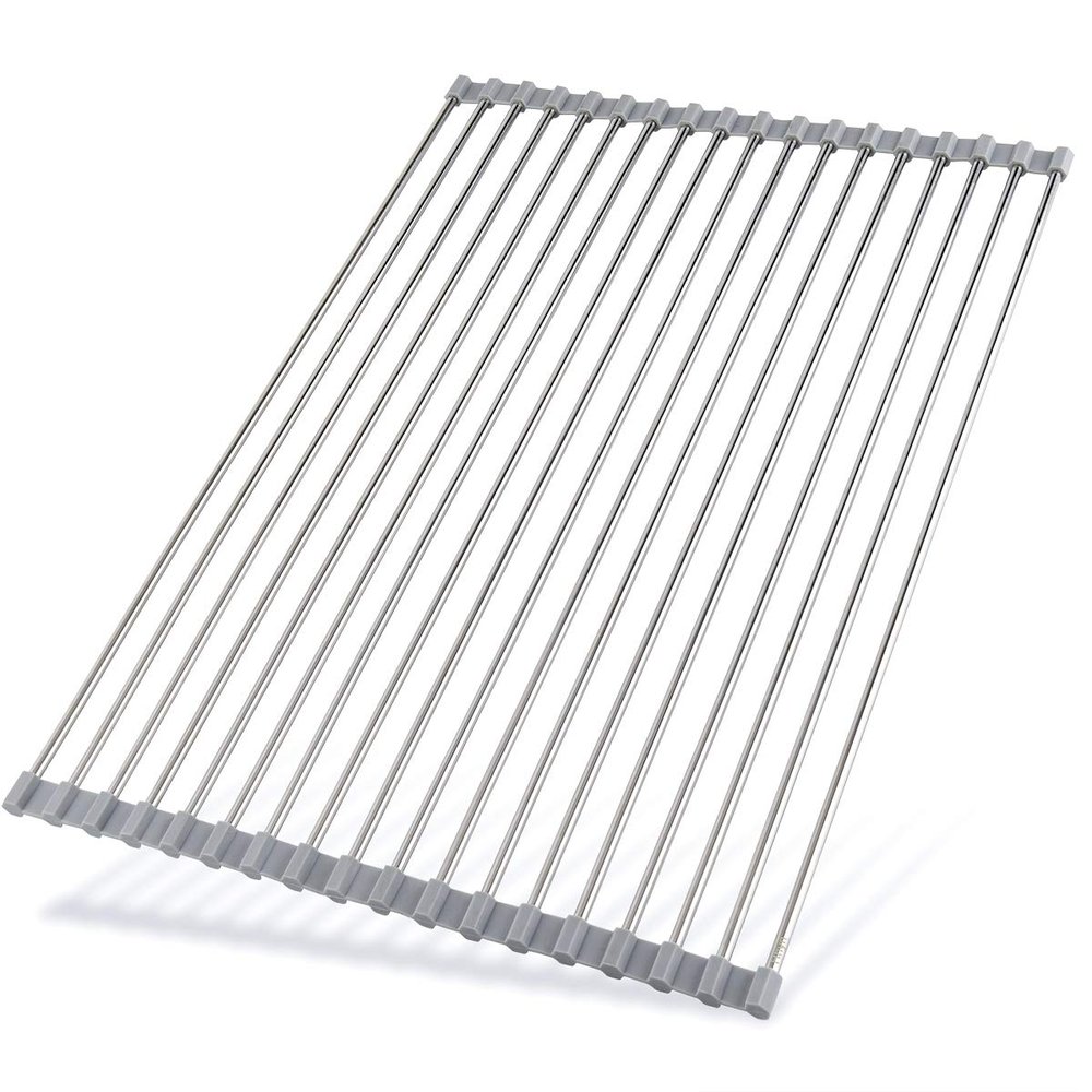Hhyn Roll Up Dish Drying Rack 20.5"(L) x 13.8"(W) - Stainless Steel and Silicone Dish Drying Mat Over The Sink Foldable Drain Rack Multipurpose Dish Drainer Extra Large, Gray