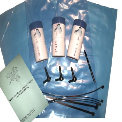Maple Syrup Tapping Kit Trial Size with EZ Sap Sack Holders and Black Ecolo Spouts (3 Pack). Includes Quick Start Guide to Maple Tapping Booklet.