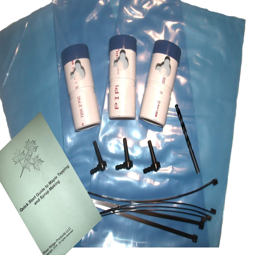 Maple Syrup Tapping Kit Trial Size with EZ Sap Sack Holders and Black Ecolo Spouts (3 Pack). Includes Quick Start Guide to Maple Tapping Booklet.