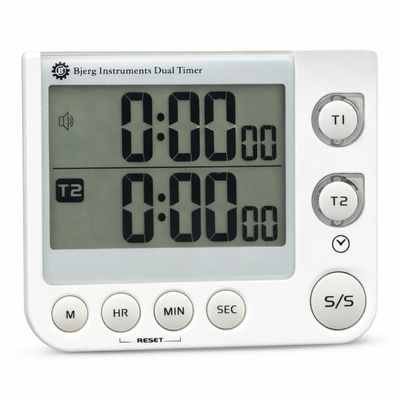 Bjerg Instruments Dual Digital Kitchen Timer  Count Up & Countdown Timer with Large LCD Display, Magnetic Back, Loud Alarm, Stand-Up Design (White)