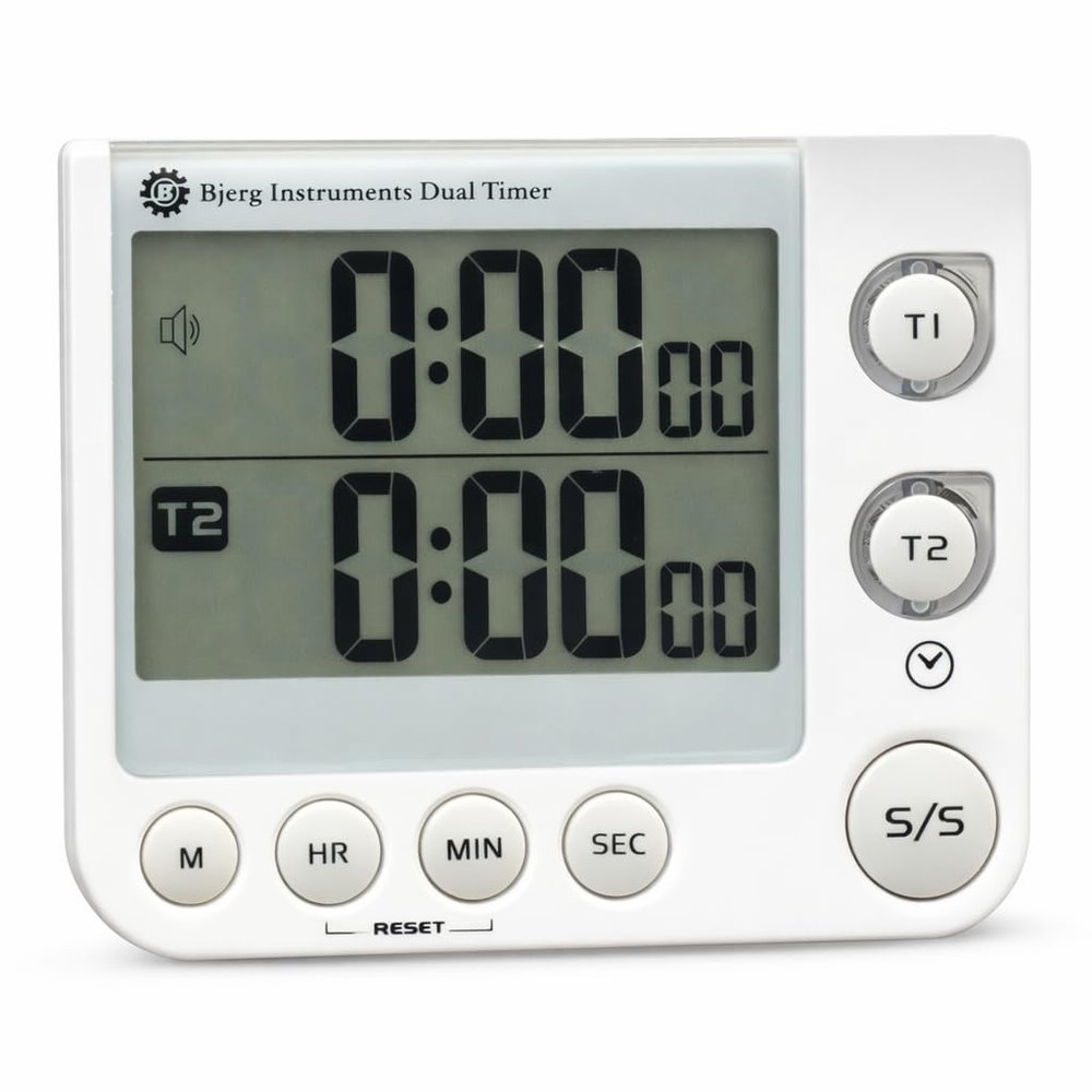 Bjerg Instruments Dual Digital Kitchen Timer  Count Up & Countdown Timer with Large LCD Display, Magnetic Back, Loud Alarm, Stand-Up Design (White)