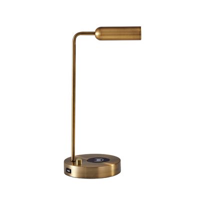 Adesso 5W LED Desk Lamp Qi Wireless Charging for Smartphones & USB Port, Adjustable Shade Antique Brass Lamp for Home Office, Dorm, Bedroom, 16.5 Tall
