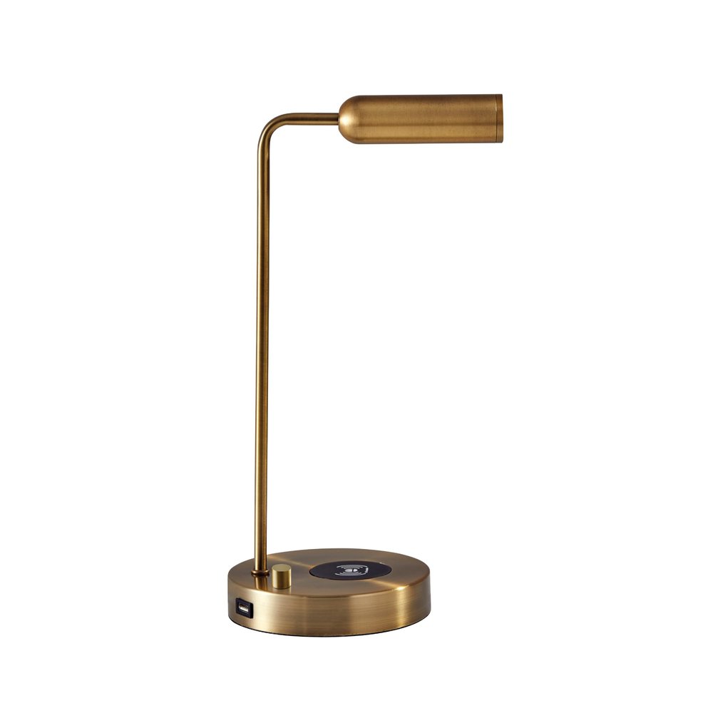 Adesso 5W LED Desk Lamp Qi Wireless Charging for Smartphones & USB Port, Adjustable Shade Antique Brass Lamp for Home Office, Dorm, Bedroom, 16.5 Tall