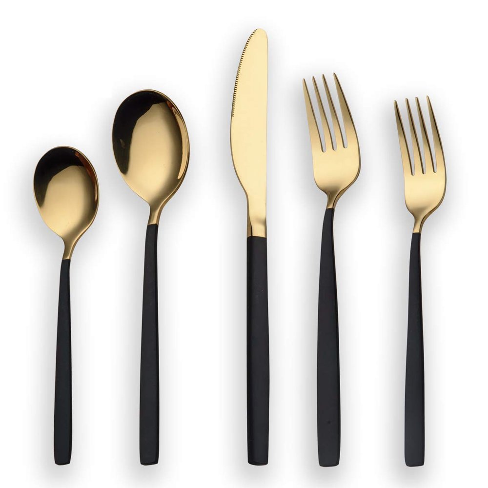 Berglander 20 Piece Titanium Black And Golden Plated Stainless Steel Flatware Set, Handle With Mouth Silverware Set And Cutlery Set Service for 4 (Shiny Black,Shiny Golden)