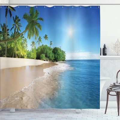 Ambesonne Tropic Shower Curtain, Ocean Tropical Palm Trees on Sunny Island Beach Scene Panoramic View Picture, Cloth Fabric Bathroom Decor Set with Hooks, 69" W x 70" L, White Green Blue