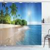 Ambesonne Tropic Shower Curtain, Ocean Tropical Palm Trees on Sunny Island Beach Scene Panoramic View Picture, Cloth Fabric Bathroom Decor Set with Hooks, 69" W x 70" L, White Green Blue view 1