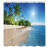 Ambesonne Tropic Shower Curtain, Ocean Tropical Palm Trees on Sunny Island Beach Scene Panoramic View Picture, Cloth Fabric Bathroom Decor Set with Hooks, 69" W x 70" L, White Green Blue view 2