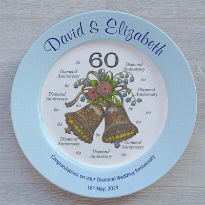 Heritage Pottery Personalized Bone China Commemorative Plate For A 60th Wedding Anniversary - Wedding Bells Design With A Blue Rim